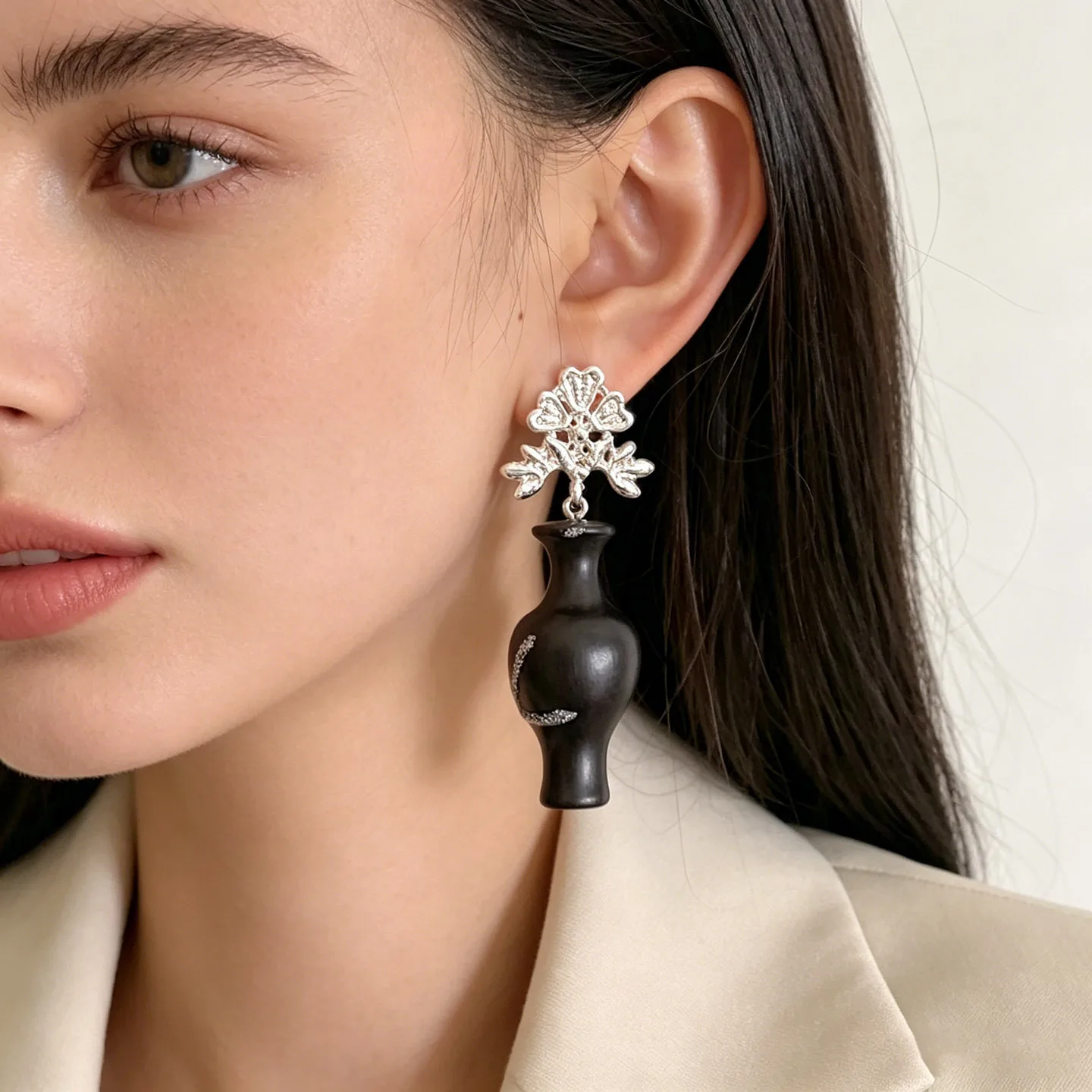 New Chinese hollow gold flower black wood vase earrings women's national style sandalwood diamond plum vase long retro earrings