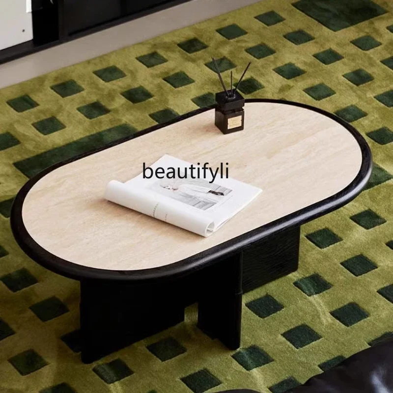 

Coffee table movable living room, rock slab small tea table household balcony multi-functional, division oval tea table