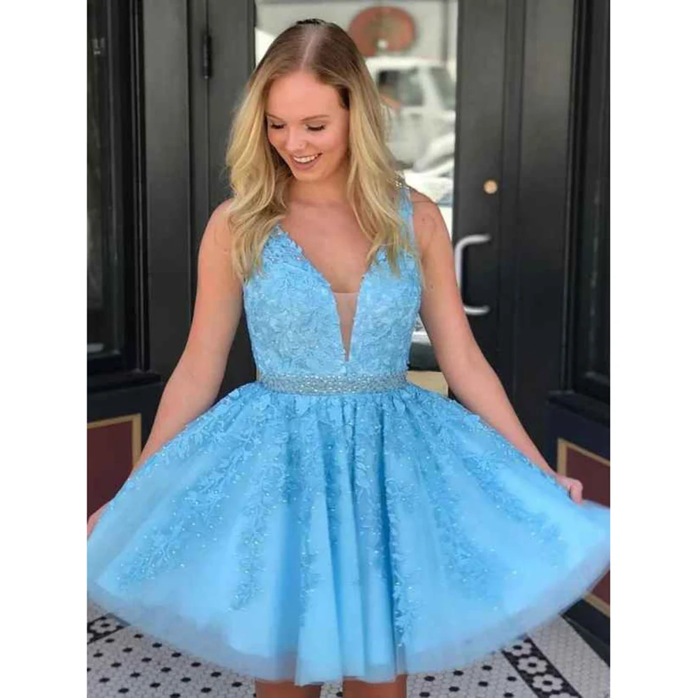 

Women's Tulle Mini Dress A-Line V-Neck Sleeveless Backless Short Wedding Dresses for Bridesmaid Party Holiday Festival Cocktail