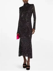Stylish Women's Black Sheer Long - Sleeve Hot Drilling Calf-length Dress with Sparkling Embellishments Ideal for Evening Events