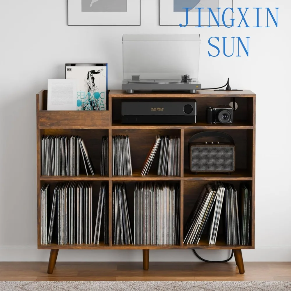 Mid Century Modern Vinyl Storage Cabinet with Open Shelf for Large Record Players and Turntable Console Table