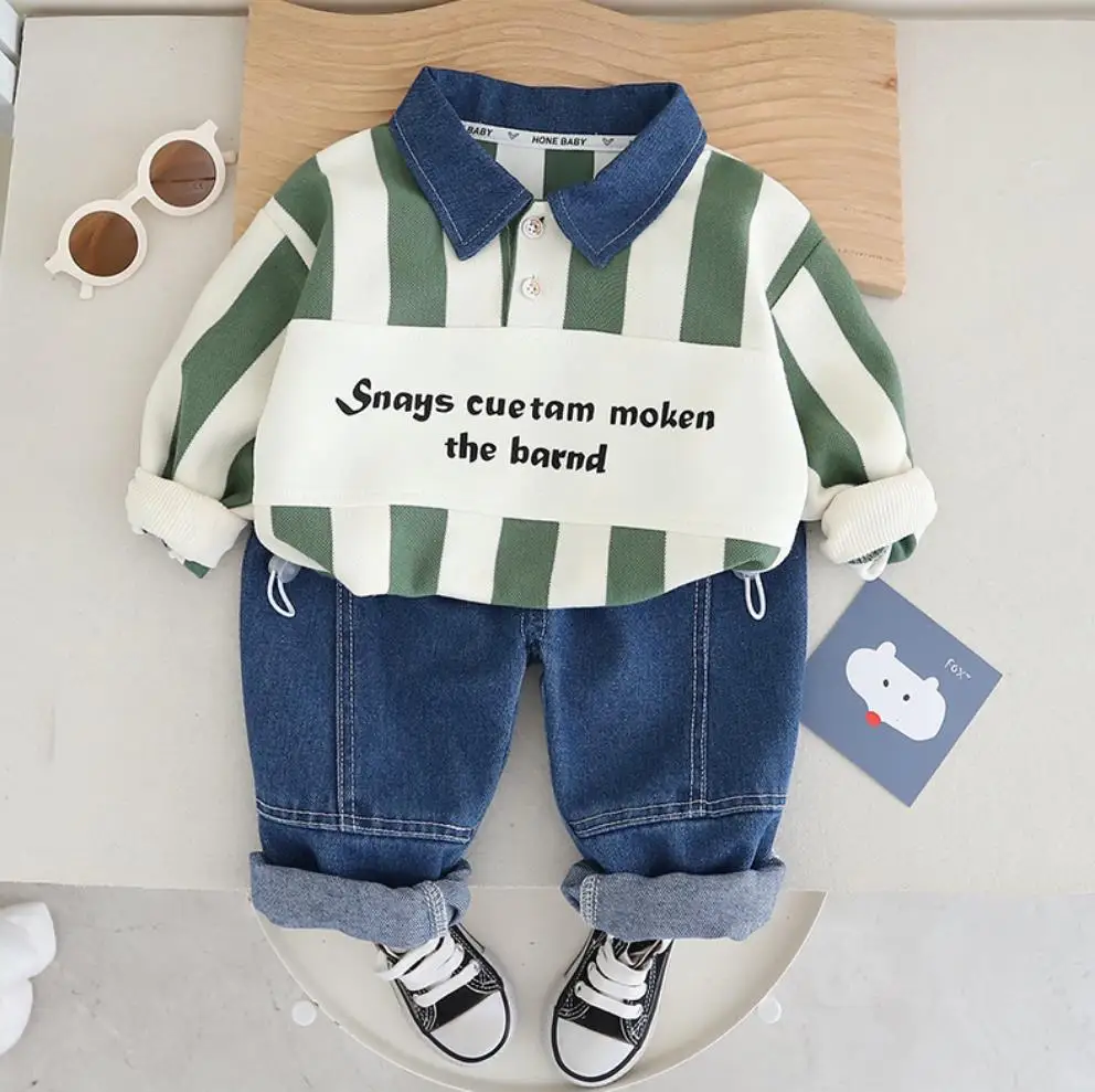 Kids Baby Designer Sets Korean Style Clothes for Boys Monogram Panelled Denim Collar Long Sleeve T-shirts+Pants Toddler Outfits