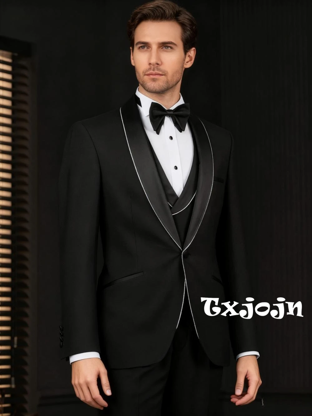 

Black Shawl Lapel Suit Set 3 Pieces For Business Negotiation,Classic Shawl Lapel Men's Slim Fit Suits Birthday Party Outfit