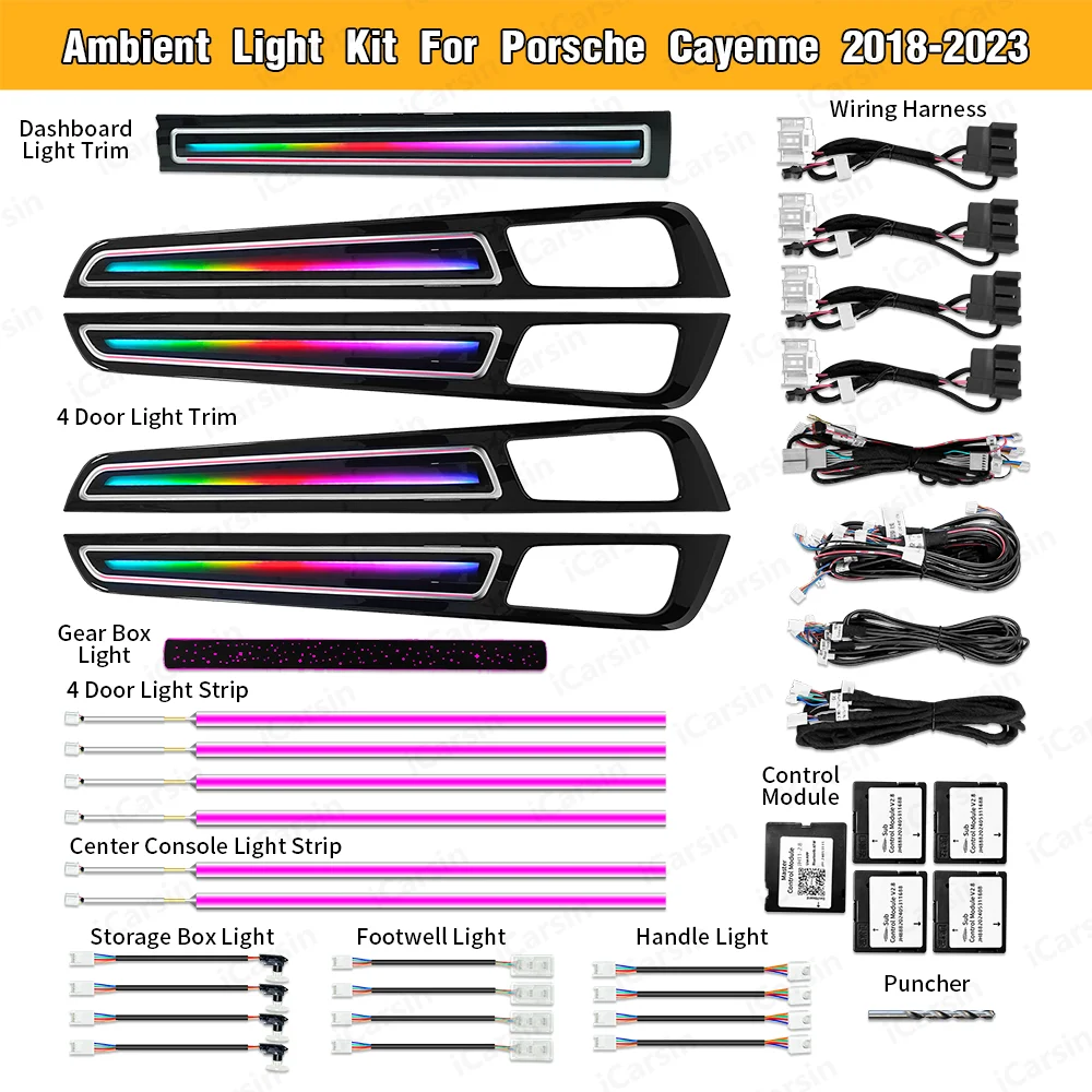 

Обновленный окружающий свет салона автомобиля Symphony для Porsche Cayenne 2018-2023, атмосферная полоса, декоративные аксессуары RHD
