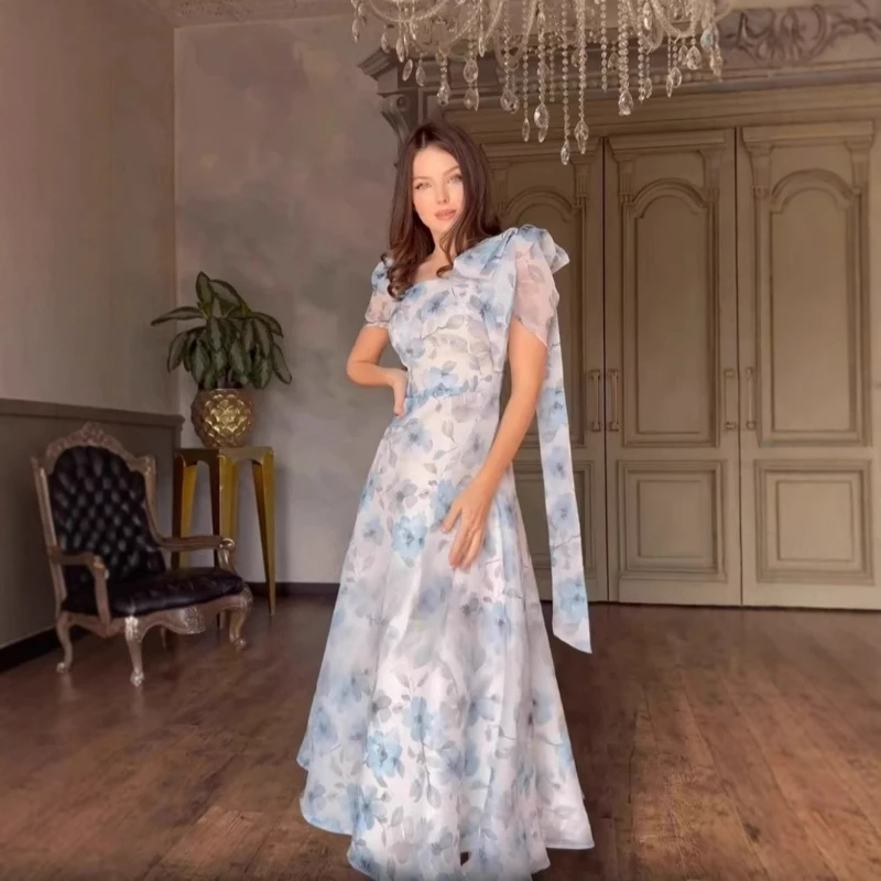 女性プリントドレス Aライン半袖ロングドレス スリムフィット エレガントスクエアカラー スプライスドレス パーティー プロム サマードレス