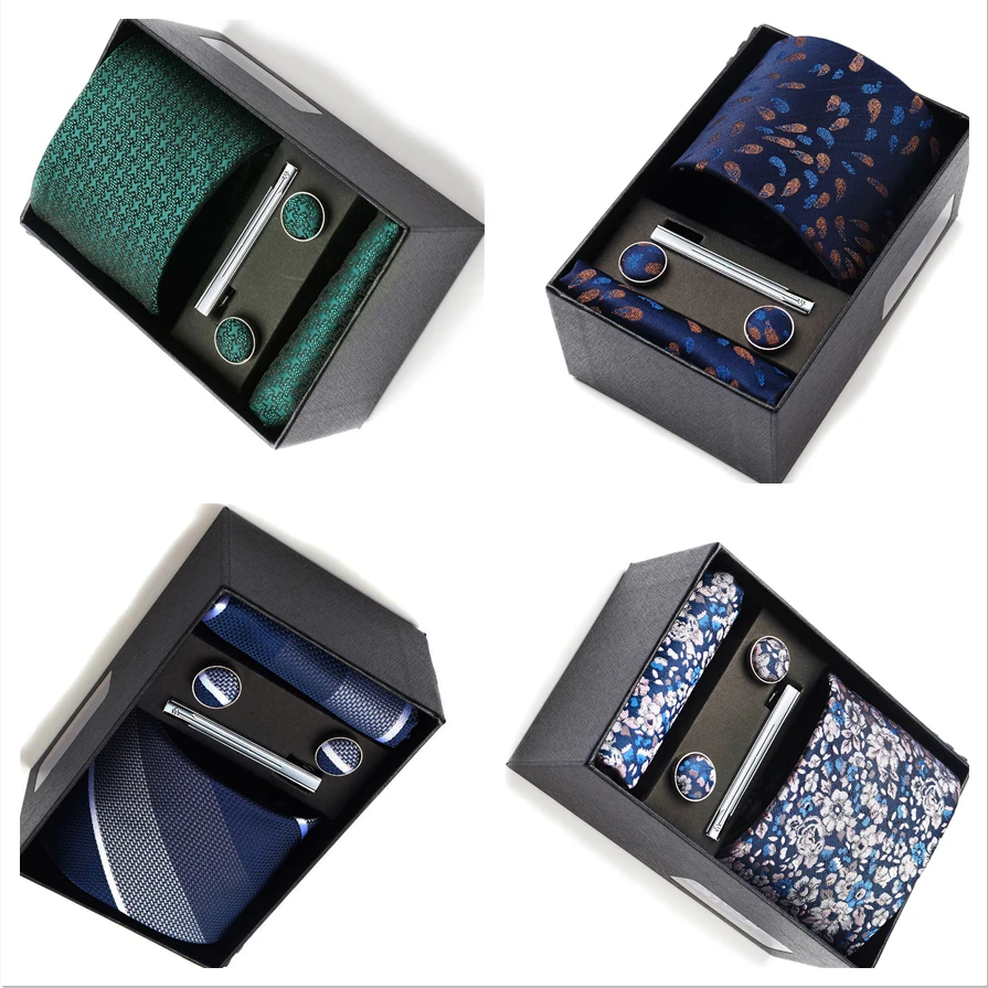 

Business Ties Hanky Cufflink Tie Clips Set For Men Green Necktie Corbatas Suit Accessories Wedding In Gift Box Gravatas