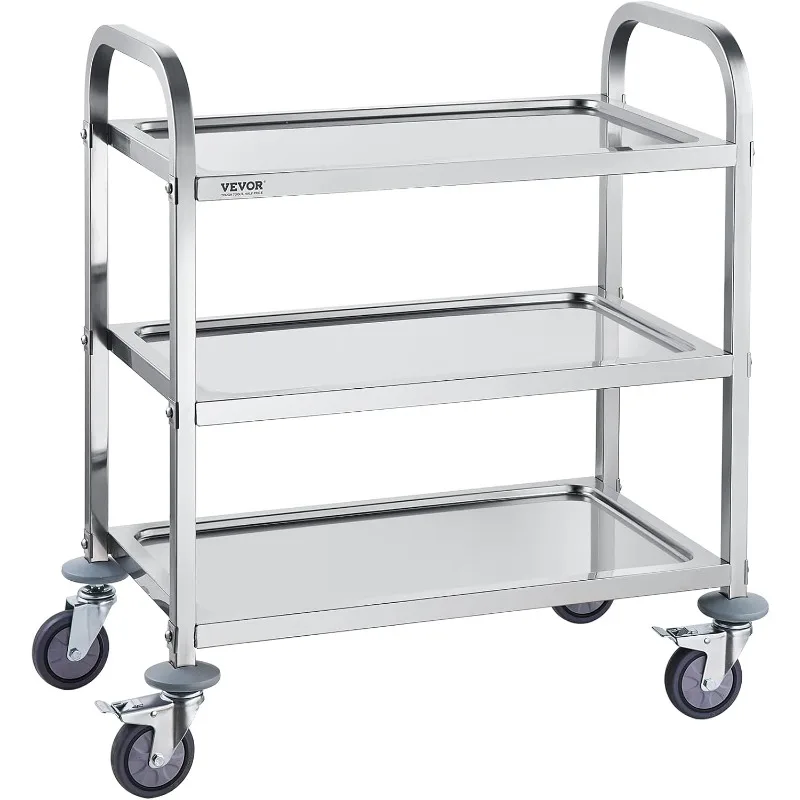 VEVOR Lab Utility Cart 220 lbs Weight Capacity Rolling Lab Cart 3 Shelves Clinic Cart 360° Silent Rolling Wheels w/Foot Brake