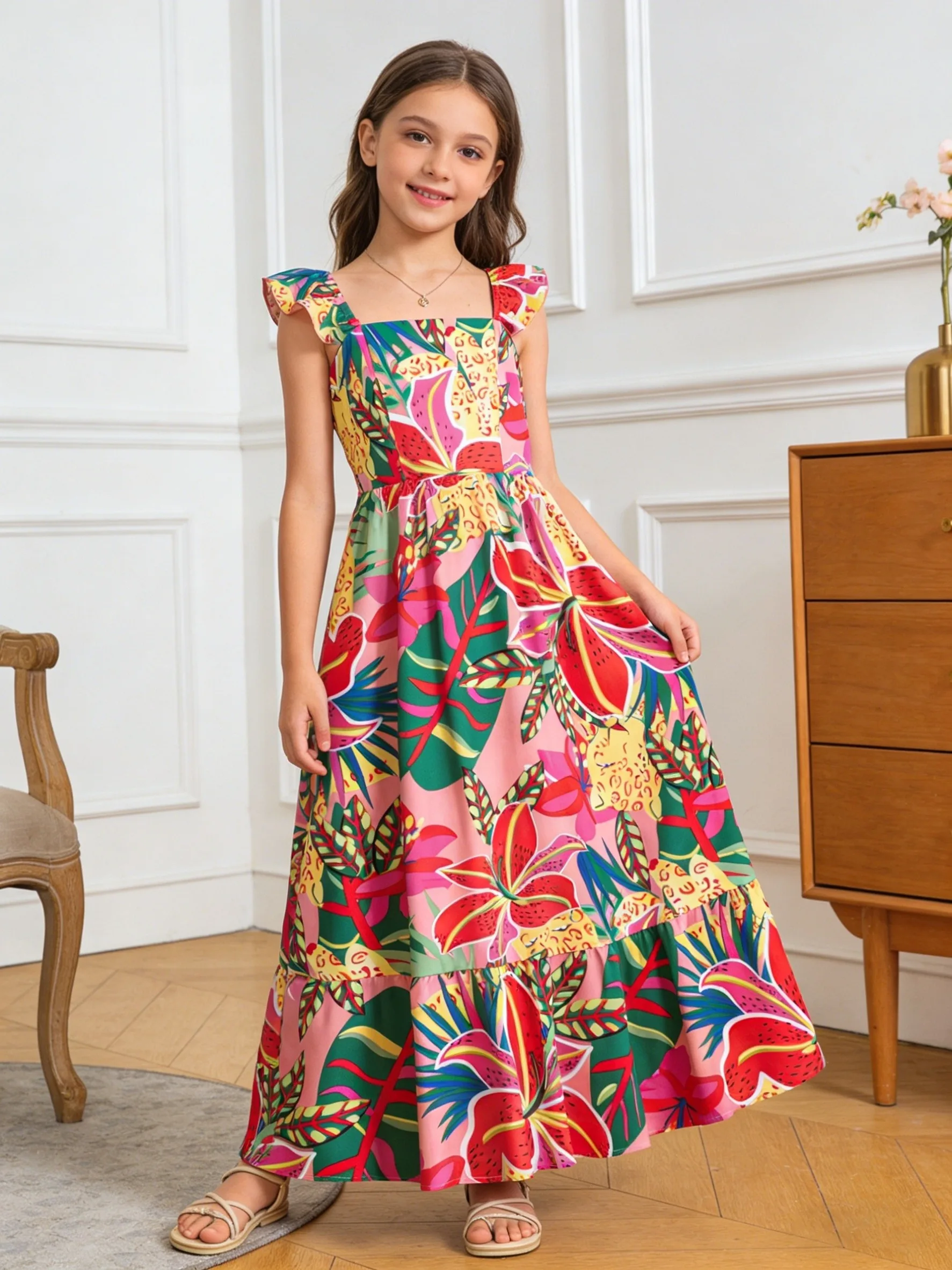 Tropisches Blumen-Maxikleid für Kinder und Mädchen, Rüschenkragen, quadratischer Ausschnitt, hohe Taille, gestufter Rüschensaum, Sommer-Strand-Sommerkleid