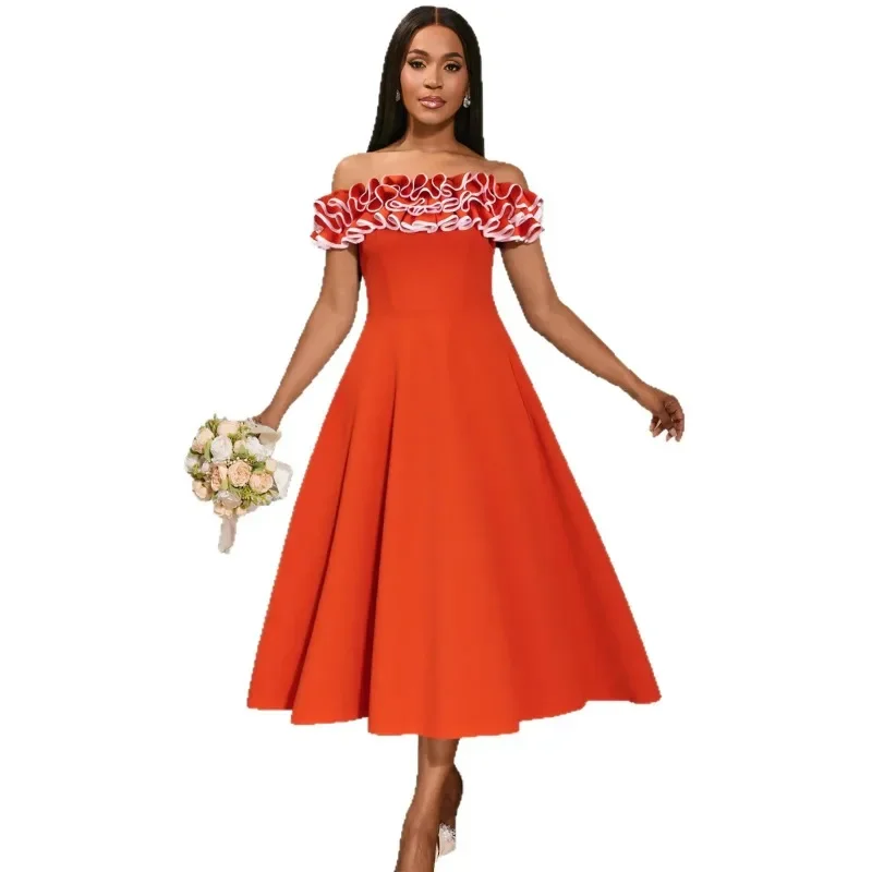 

Elegant Dashiki African Party Evening Dresses for Women Autumn Fashion Short Sleeve Orange Midi Dress Outfits Africa Clothing