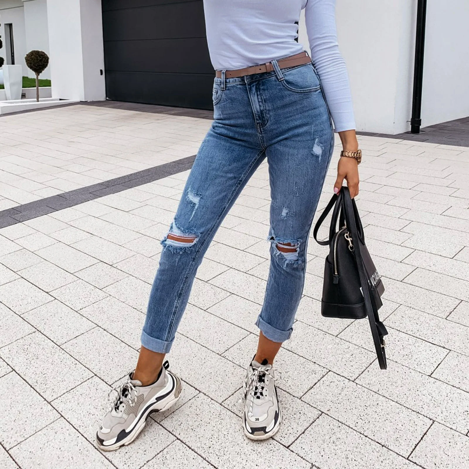 

Washed Ripped Jeans Women Slim Hole High Waist Trousers Skinny Denim Jeans Hip Hop Fashion Classic Bleached Pencil Pants