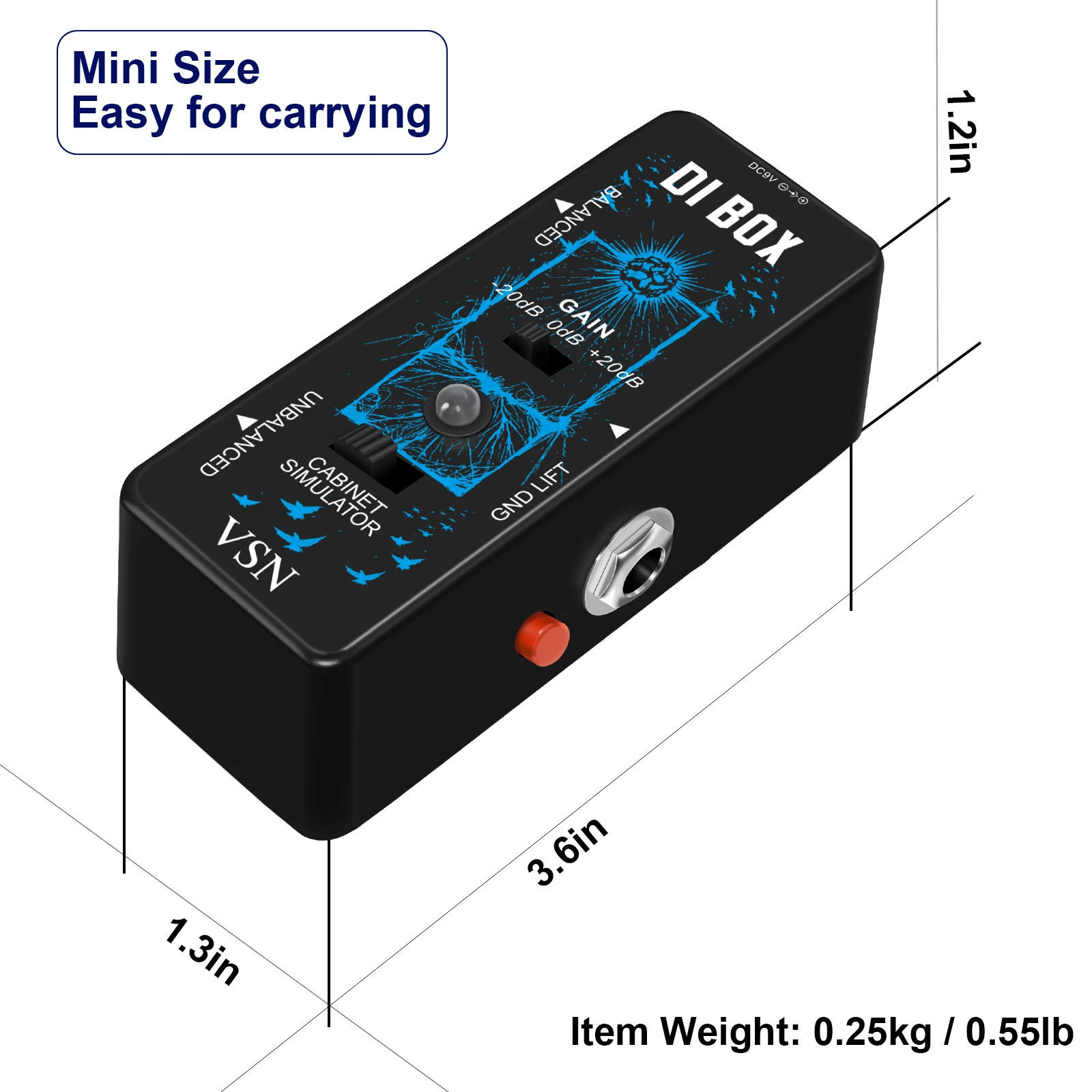 VSN Di Box Guitar Pedal Direct Box Guitar  Passive DI Box With Cabinet Simulator 1/4 and XLR Full Metal Mini Size True Bypass