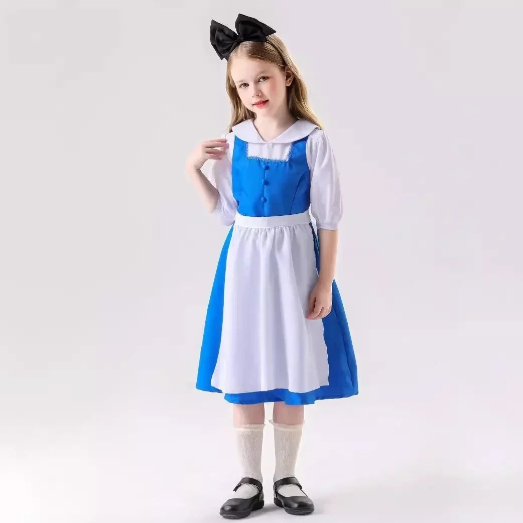 不思議の国のアリスロリータの女の子のためのコスプレコスチューム、子供のための青いメイドドレス、ハロウィーン、カーニバル、ファンシーパーティー