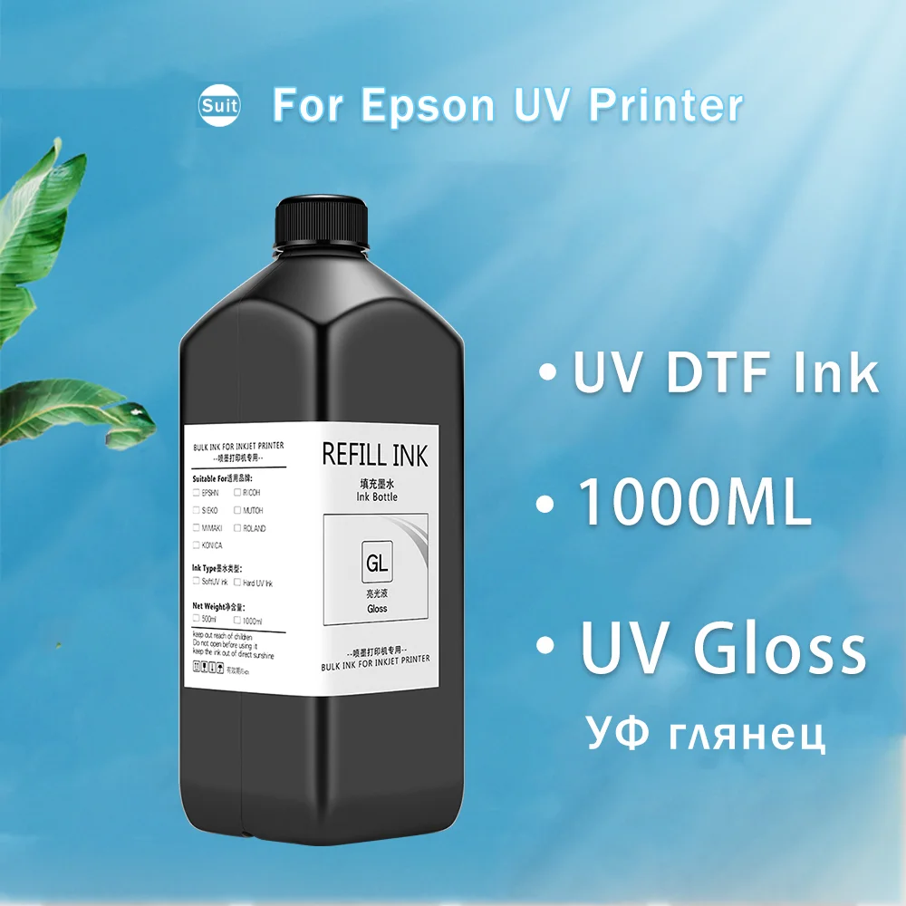 Etiqueta de cristal da impressora do verniz UV, tinta UV DTF, Filme A B, 1000ml/Bottle, DX4, DX5, DX6, XP600, TX800, L800, L805, R1390, R1400