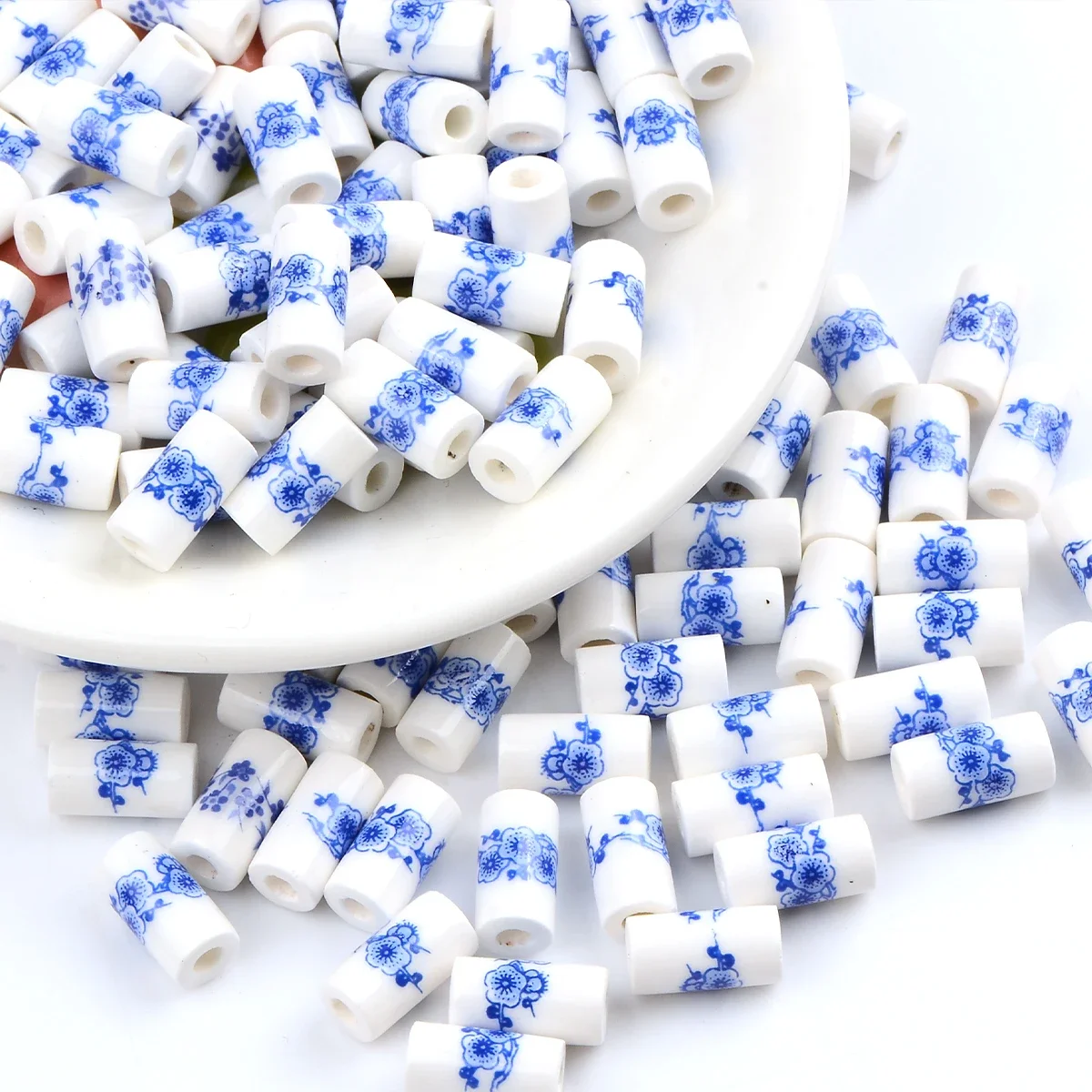 30pcs 6x11mm Blue Chinese Flower Patterns Cylinder Ceramic Porcelain Loose Spacer Beads for DIY Crafts Bracelet Jewelry Making