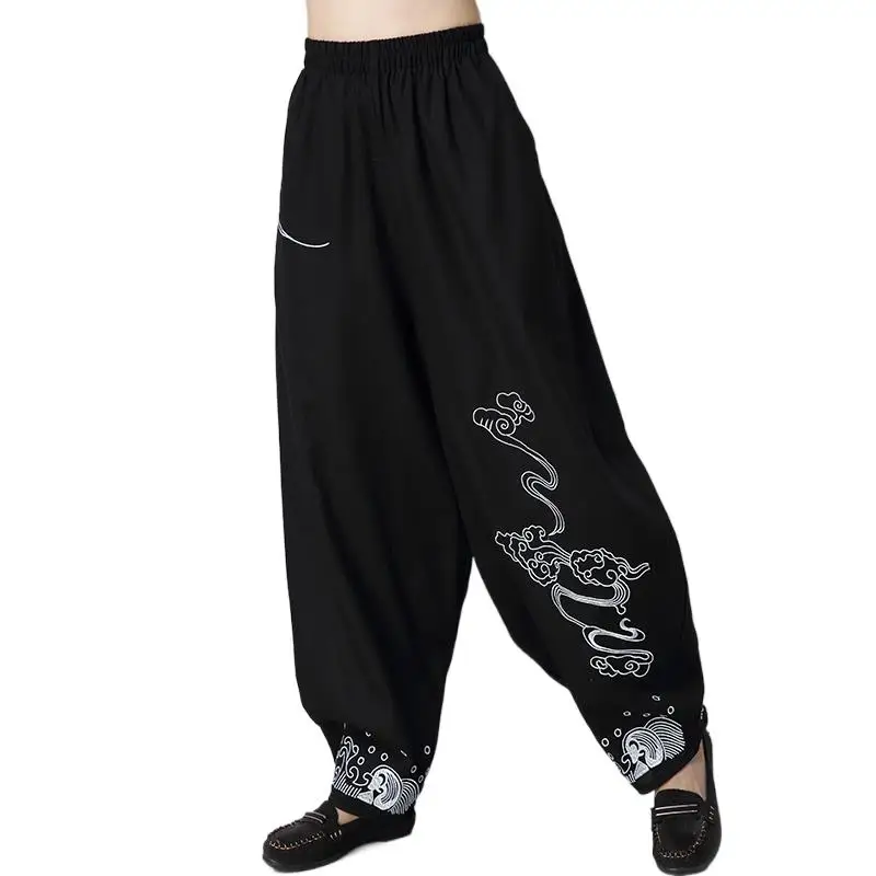 

Fashion casual women cotton linen wide leg pants,Brand embroidery Auspicious clouds vintage Lantern pants,black casual trousers