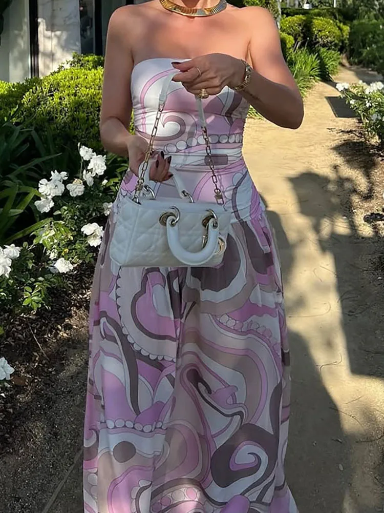 Sleeveless Simple Printing Party Dress, 2024 Summer Women Strapless Fashion Maxi Dress, Elegant Backless Patchwork Ladies Dress
