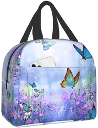 Colorful Butterfly Purple Flower Insulated Lunch Bag Cute Lunch Bags for Women Reusable Waterproof Leakproof Kawaii Lunch Box