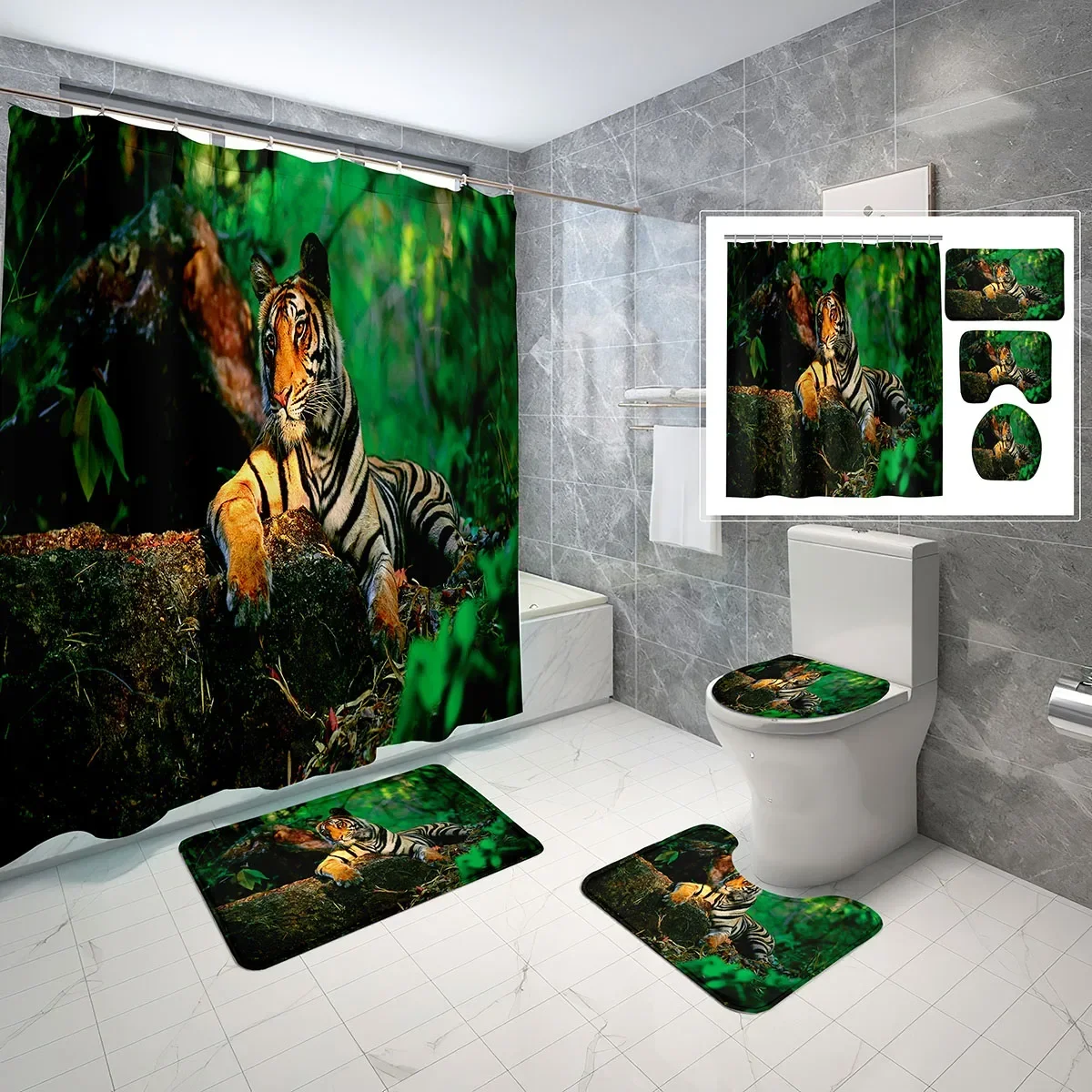 

4 PCS Forest Wildlife Shower Curtain Sets,Nature Animals Tiger Plants Waterproof Bath Curtain,Non-Slip Bath Mat Toilet Cover Set