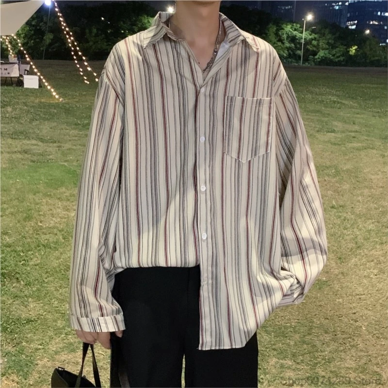 

Striped Loose Causal Long Sleeve Shirts Man Button Handsome Turn-down Collar Spring Autumn Office Men's Clothing Green