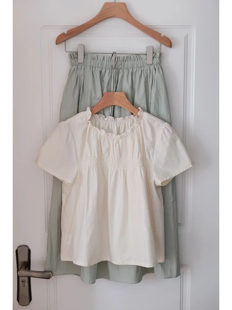 High-End Gevouwen Label Bubble Sve Ort Sve Top Ele Ontwerp Zomer Nieuwe Sle Dames T-shirt Leuke Sle Pure kleur