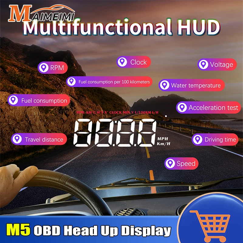 AD M5 Car Head Up Display OBD On-board Computer Windshield Projector Digital Speed RPM Water Temp Voltage Fuel consumption