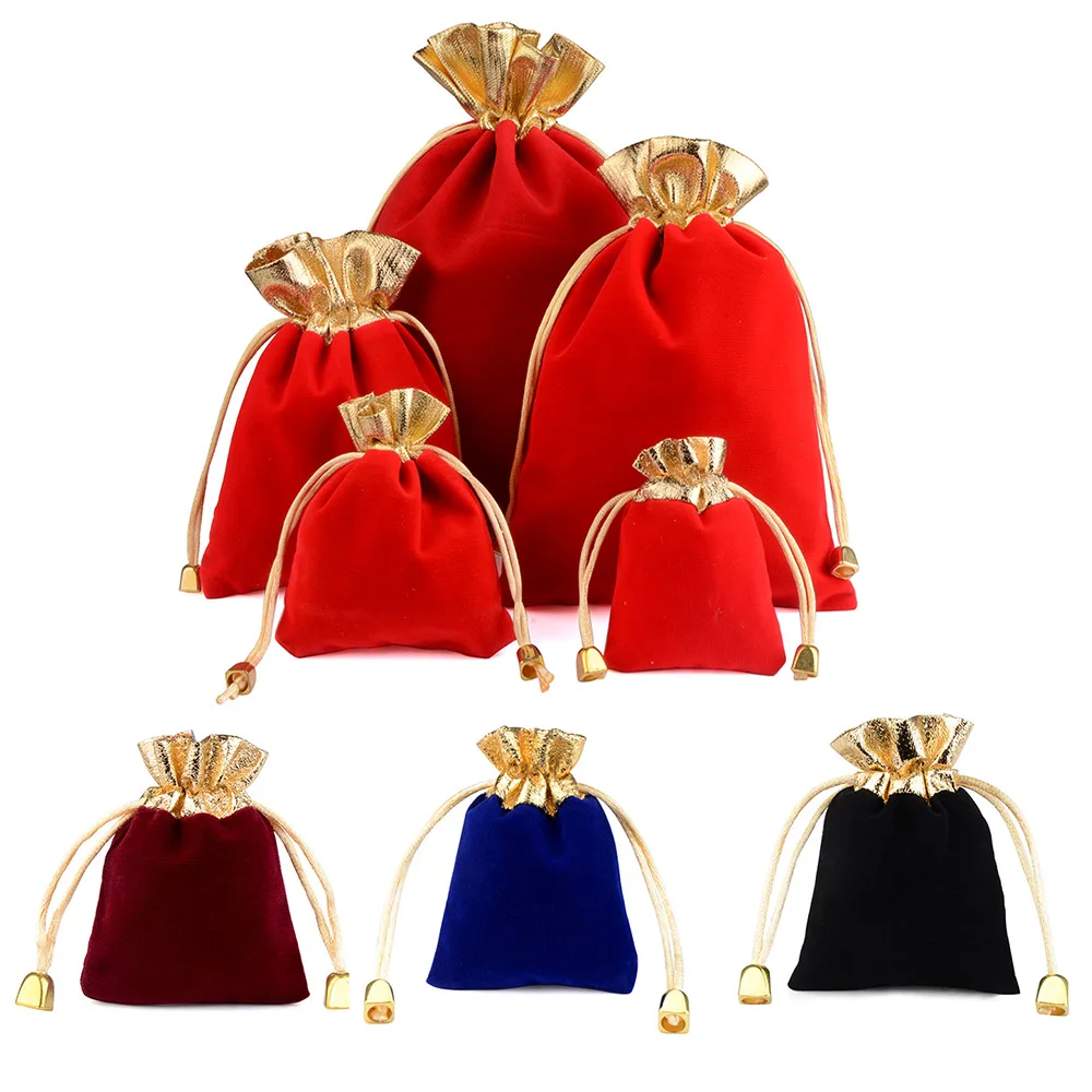 10pcs/Lot High Quality Multiple Sizes Luxury Golden Color Edge Drawstring Gift Velvet Bag for Wedding Jewelry Packing Pouch