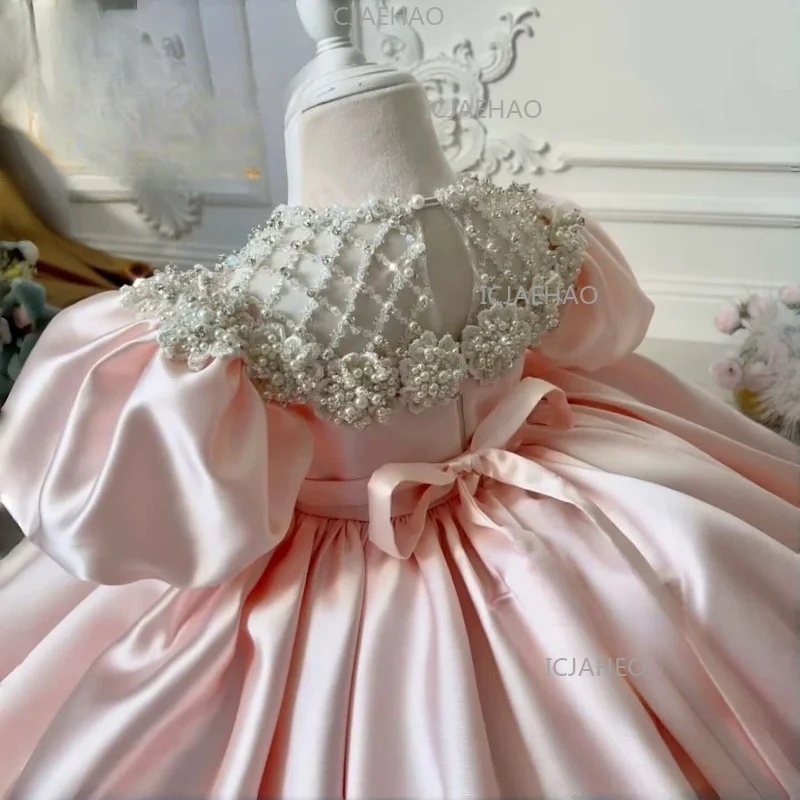 Children Pink Puff Sleeve Satin Long Full Skirt Beaded Sweep Train Girls Princess Gown Birthday Party Banquet Elegant Gown view 6