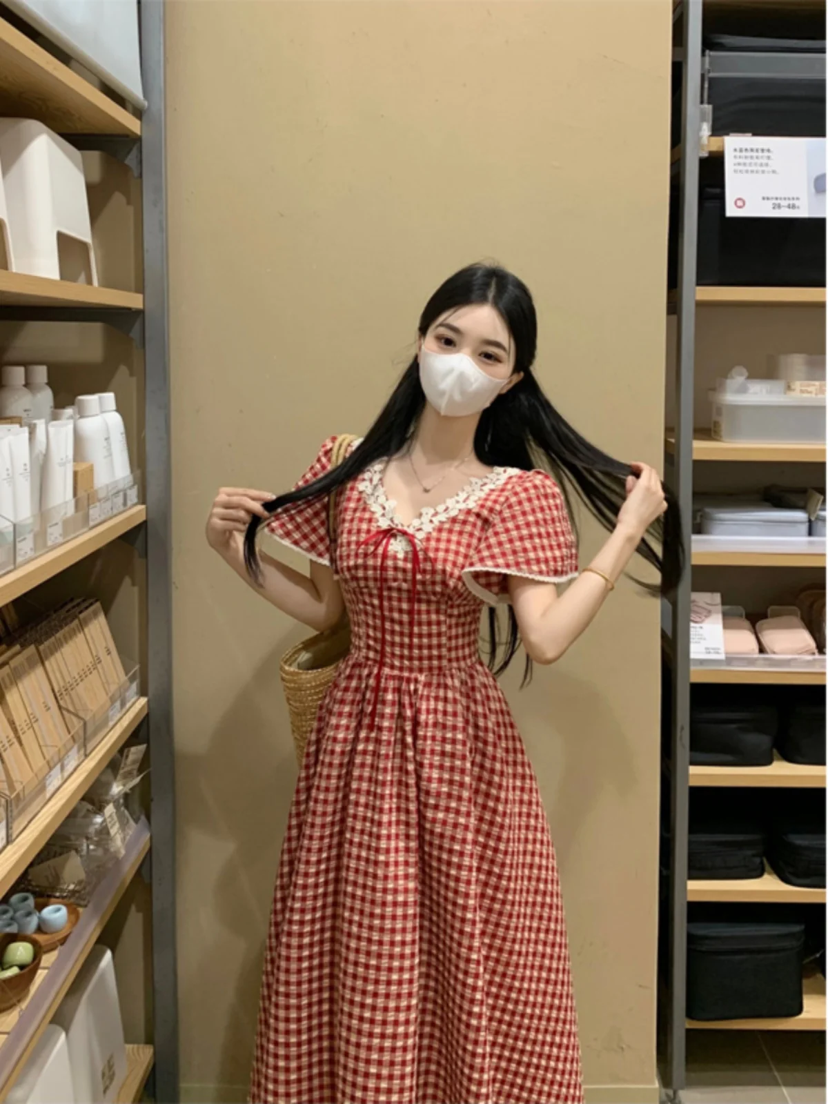 Jupe longue trapèze cintrée à carreaux rouges pour femmes, garniture en dentelle douce, nouvelle collection d'été, collège Dr v-ne ort Sve