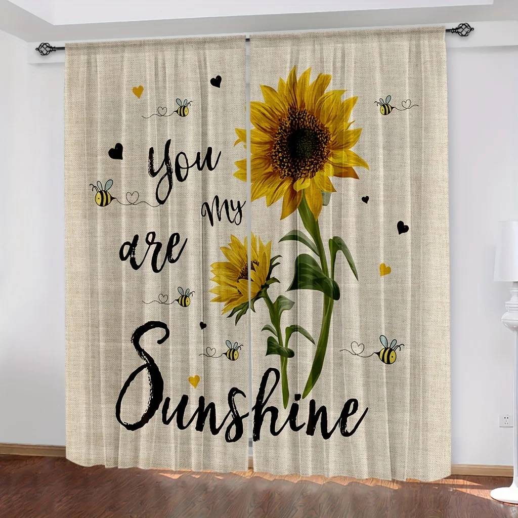 

2PCS Rustic Sunflower Insect Print Light-Filtering Curtain Panels for Kitchen Living Room Office Bedroom Twill Weave Polyester