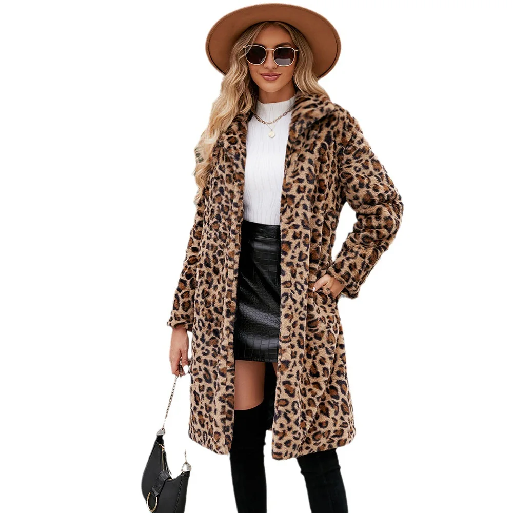 Autumn Winter Fur Coat Women Fashion Casual Square Collar Imitation Leopard Faux Fur Coat Plush Long Coat Winter Jacket 2024