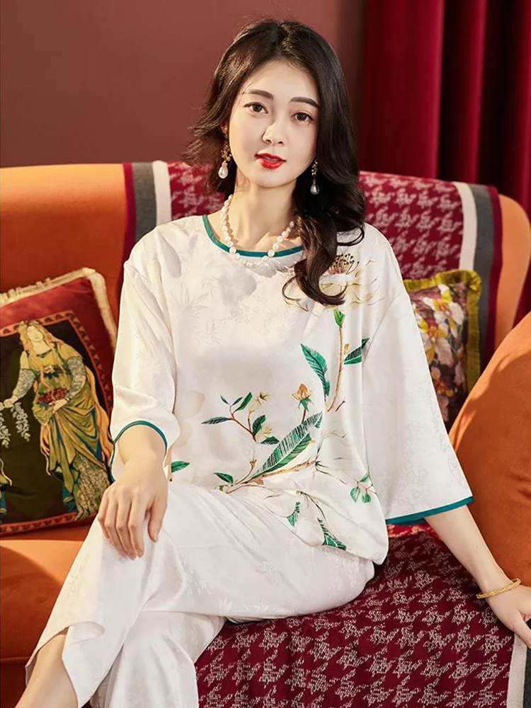 2023 New Shanghai Story Spring Autumn Summer Ice Silk Thin Pajamas Women's Mom's Simulated Silk Print Set Loose Fit For Outwear