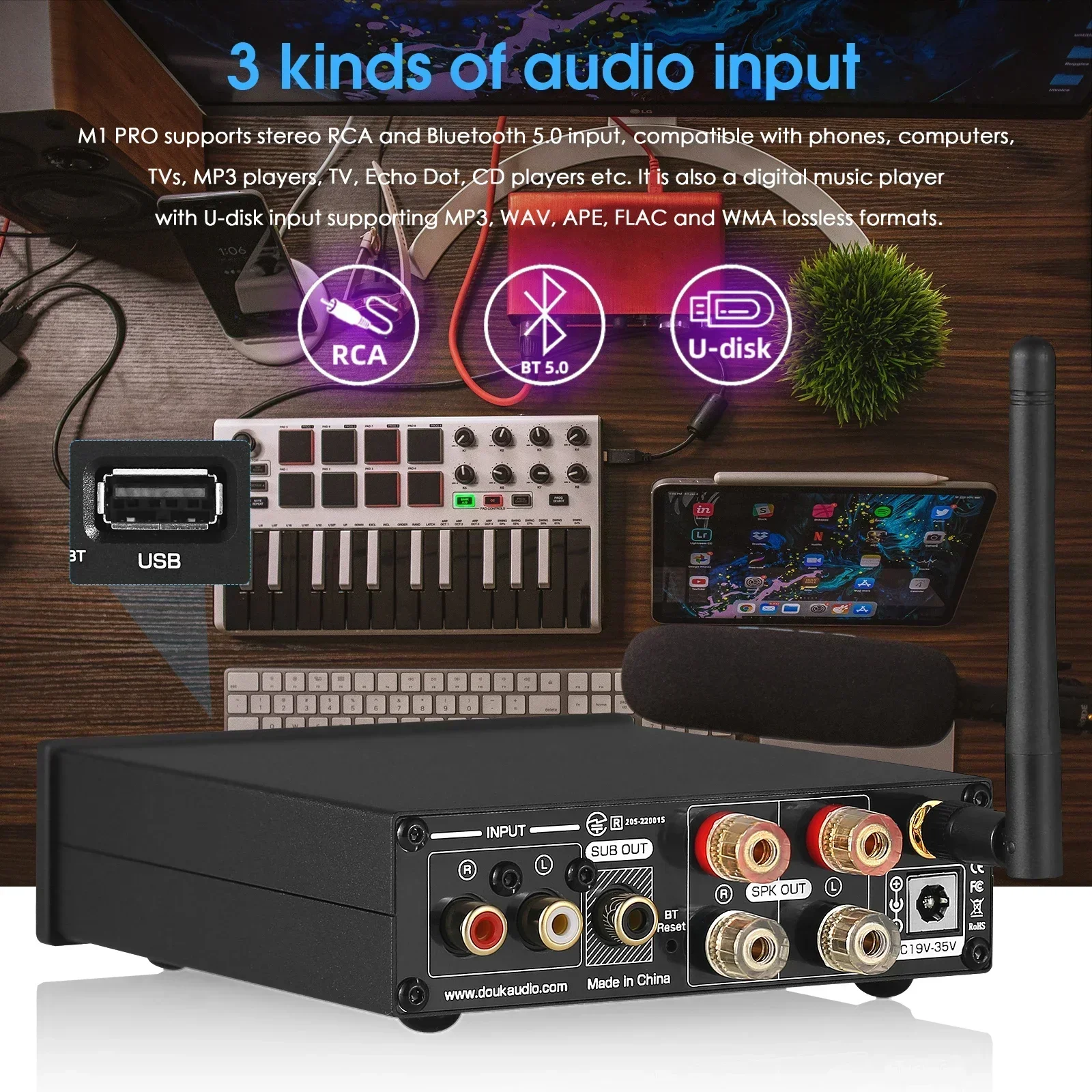 Douk audio Bluetooth 5.0 Power Amplifier Stereo 2.0 Ch Subwoofer Amp Treble Bass Adjust USB Lossless Music Player 320W