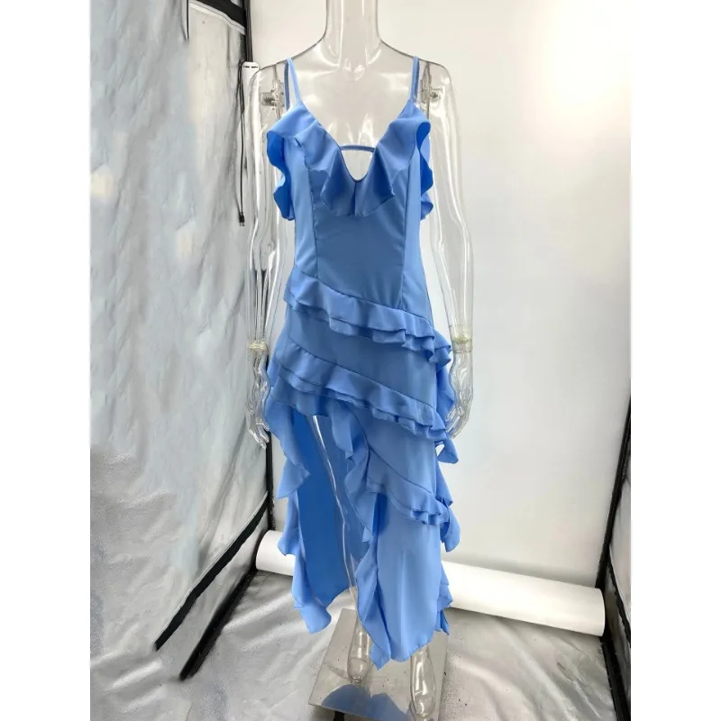 Maxi Ruffles Beach Dress, Monochromatic A-line Midi Dress, Sexy Strap Irregular Dress, Summer Holiday Dress, New Fashion, 2024