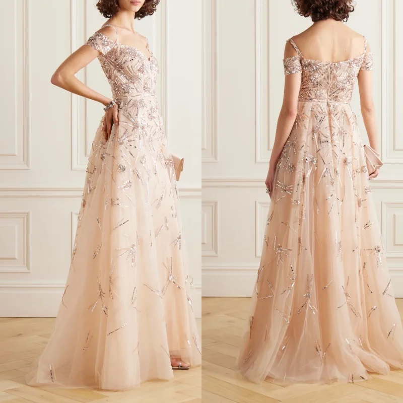 Zuhair Murad Champagne Beaded Crystal Spaghetti strap  فساتين السهرة vestidos de fiesta  فساتين سهره evening dresses