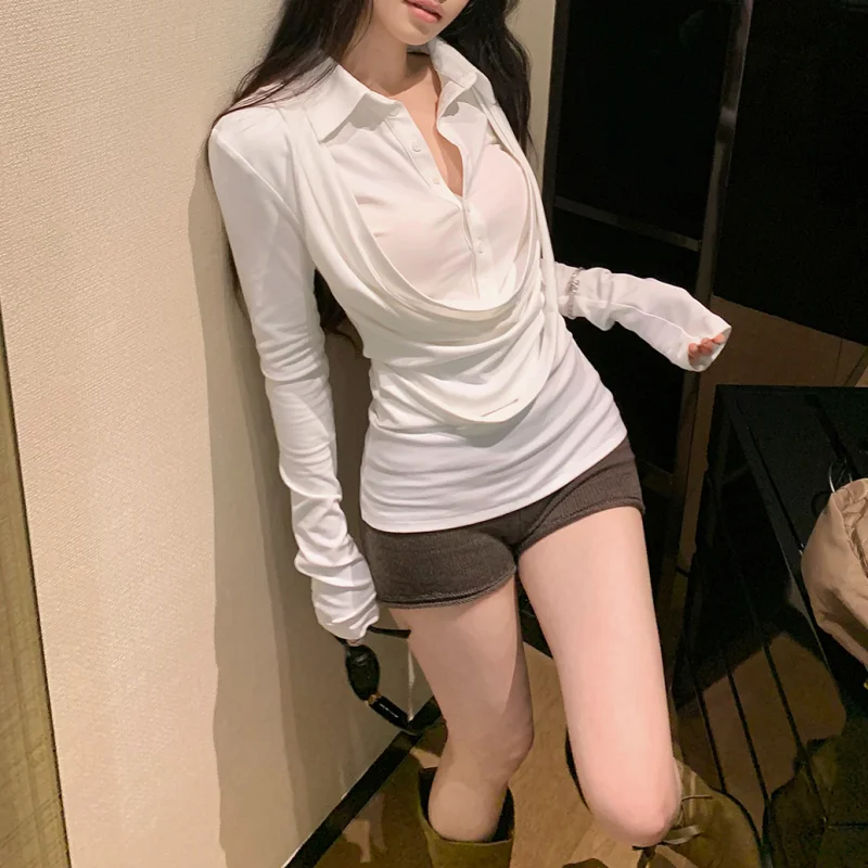 

Fashion Women False Two-piece Shirts Korean All Match Streetwear Female Slim Blouse Spring Casual White Long Sleeves Shirt New