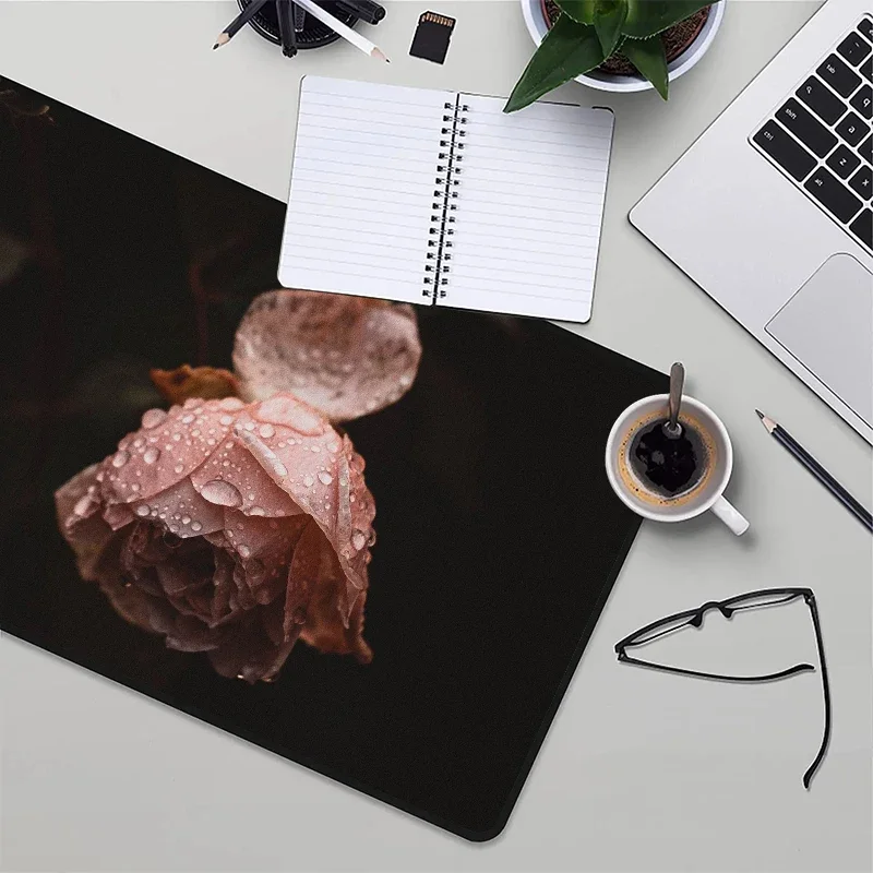 Dew Desk Mat Rose Moused Pad Mouse Pink Flower Wet Drops Xxl Mousepad Gamer Keyboard Gaming Mats Playmat Deskpad Deskmat Cabinet