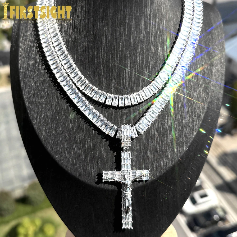 

New Iced Out Jesus Cross Pendant Necklace For Men Women 8mm Tennis Chain Bling Geometric Zircon Religion Hip Hop Luxury Jewelry