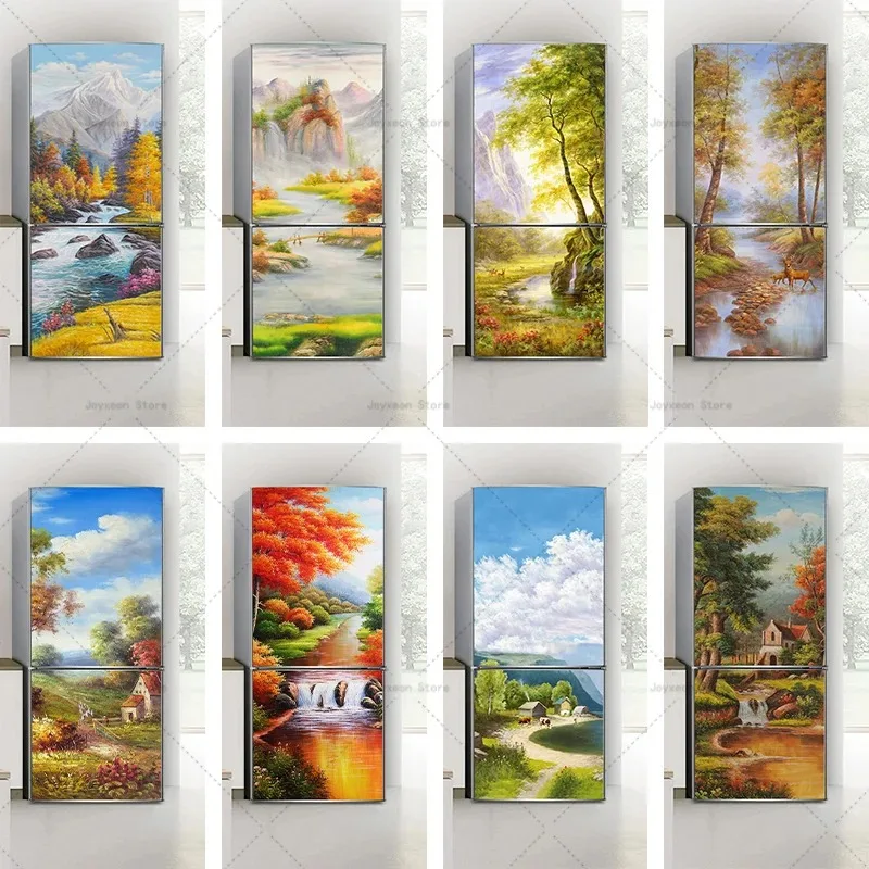 Mountain Oil Painting Scenery Refrigerator Sticker PVC Adhesive Removable Refrigerator Mural Wardrobe Decorative Door Sticker