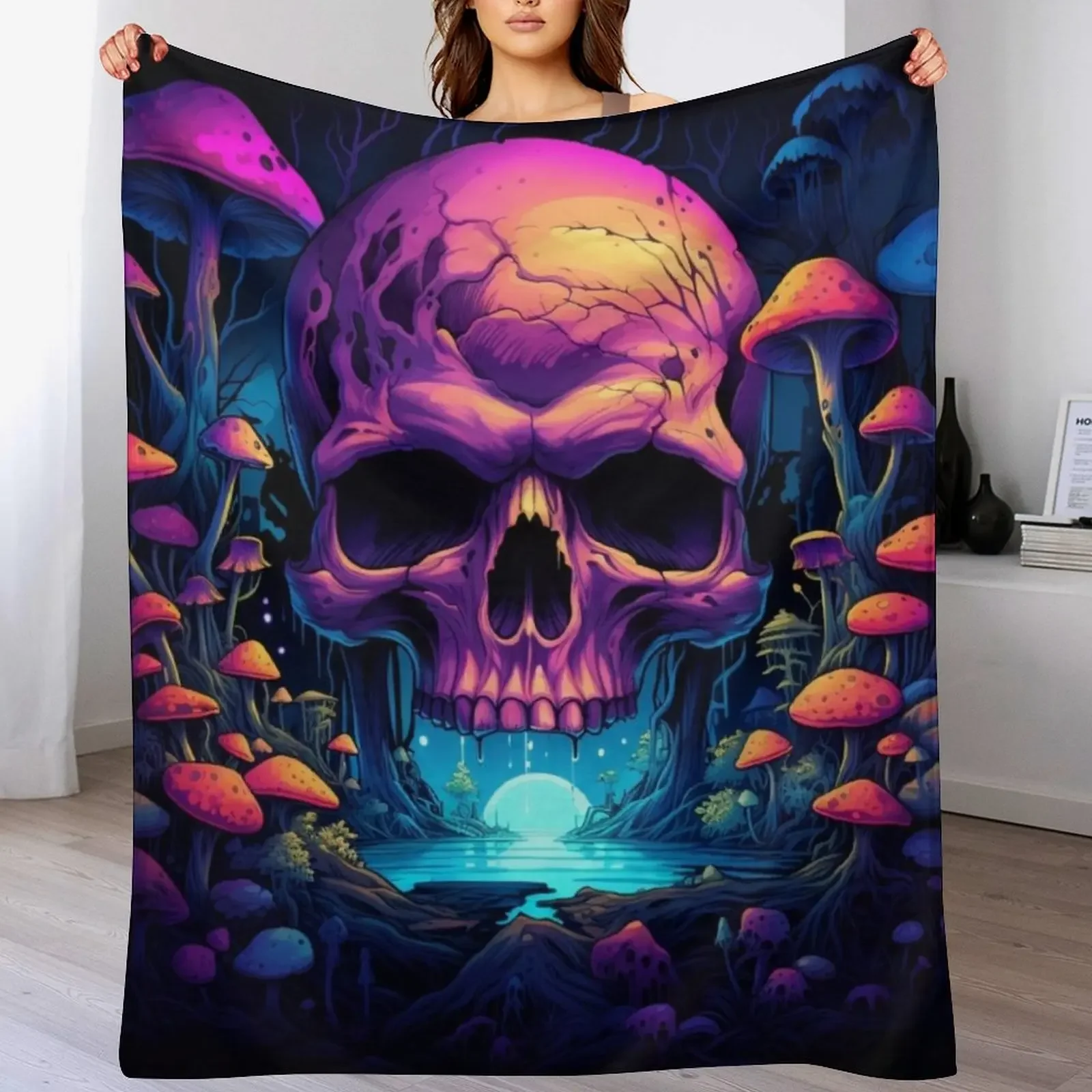 Cool Anime LSD Neon Skull Throw Blanket Travel Size Cozy Blanket for Plane Train