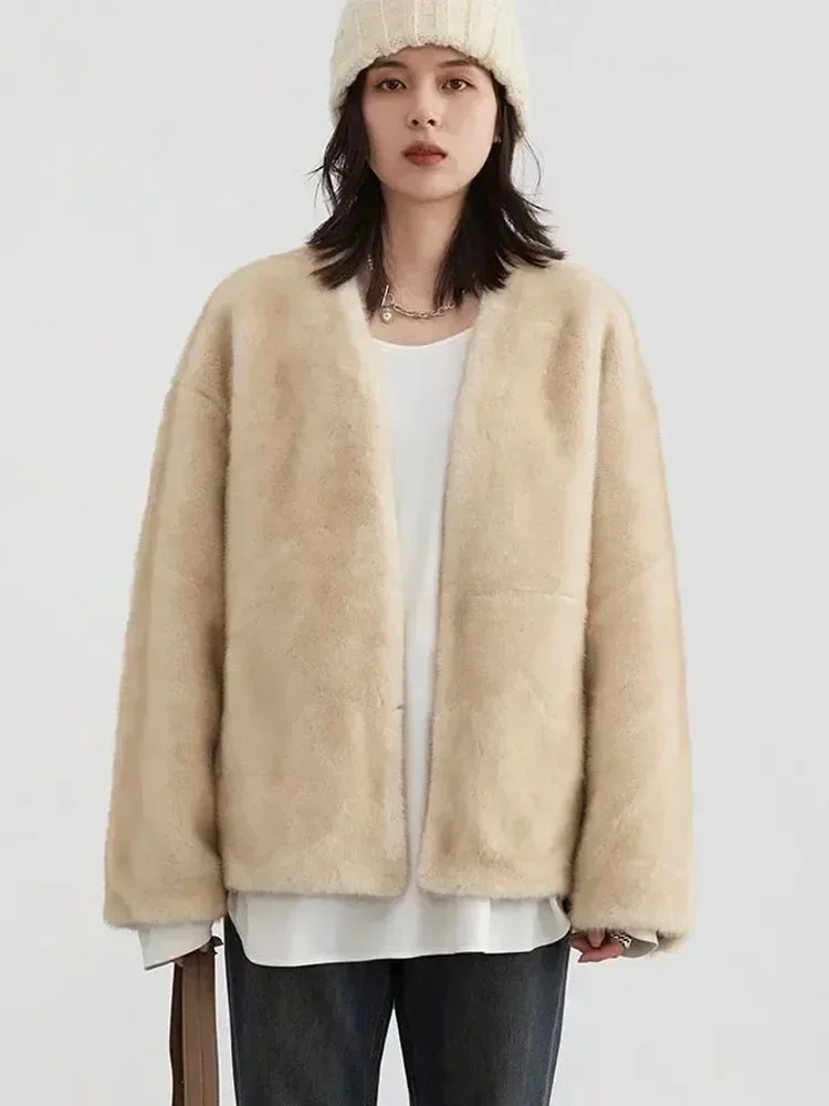 Schicke ven Damen jacke locker lässig fester Mantel neuer weiblicher Plüsch mantel V-Ausschnitt Damen oberbekleidung Herbst Winter 2023