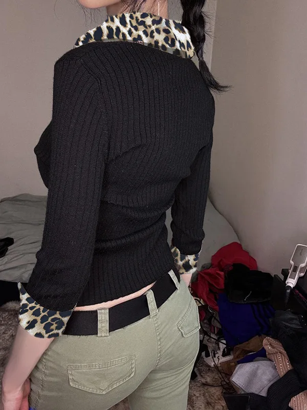 

Slim Fit Long Sve V Ne Leopard Print Base irt American Hot Girl T irt Retro Sle Knitted Fabric Thiened Autumn Wear