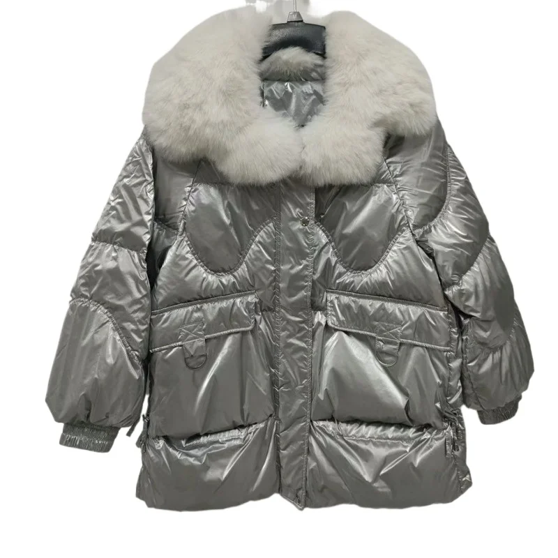 Wintershorts Warm houden Donsjack Glanzende grote bontkraag Verdikte jas Nieuwe eendendons Modieuze zoete frisse jas Los