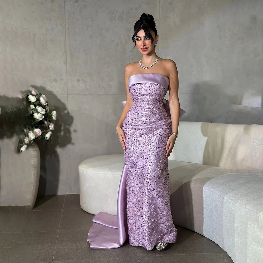 

Luxury Purple Evening Dresses Strapless Sleeveless Prom Dress Big Bow Beading for Women Gala Birthday Party Dress Customized