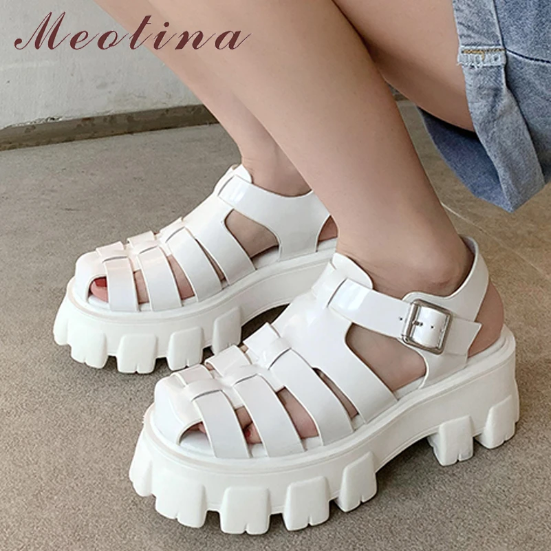 Meotina Shoes Women Genuine Leather Gladiator Sandals High Heel Platform Sandals Thick Heel Buckle Ladies Footwear Summer White