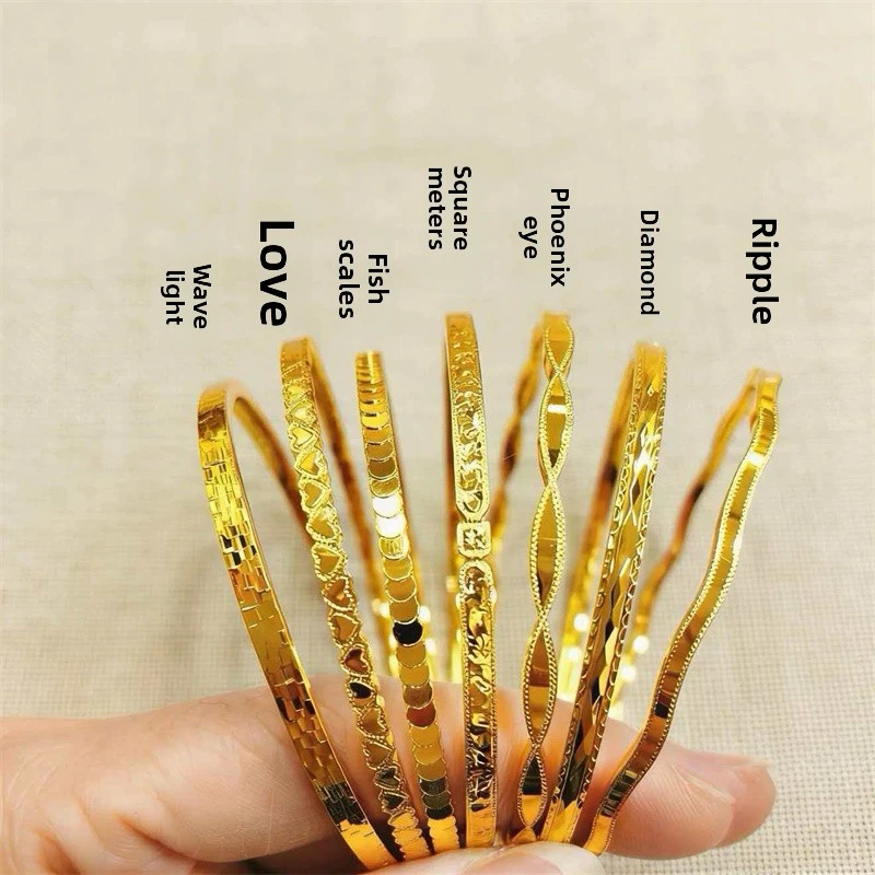 14K Gold Plated Stainless Steel Closed Bangle, Ladies Multi‑Pattern Stackable Thin Bangle Fashion Party Jewelry