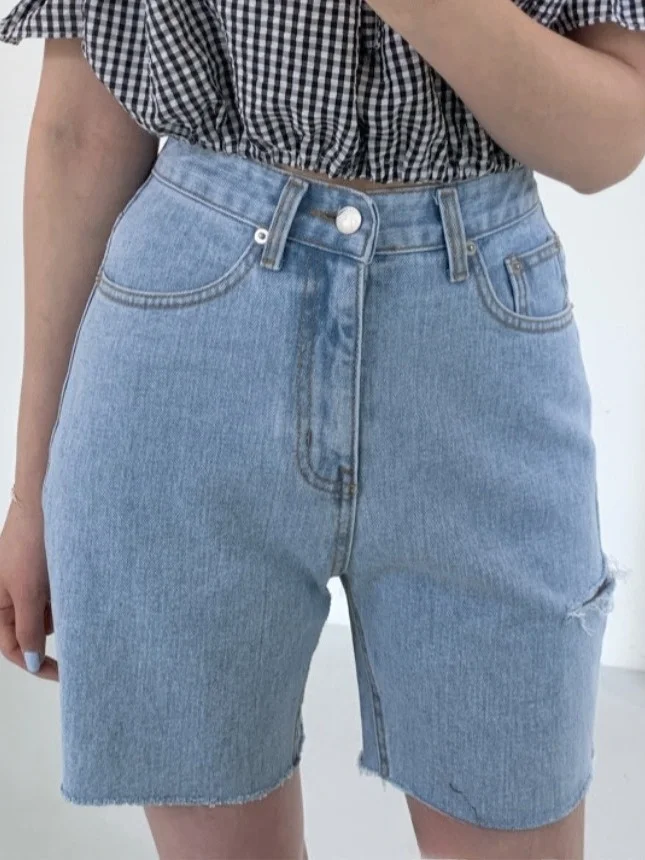 Plones cortos de mezclilla sueltos con diseño desgastado y abertura lateral Retro para mujer, longitud de cinco cuartos e...