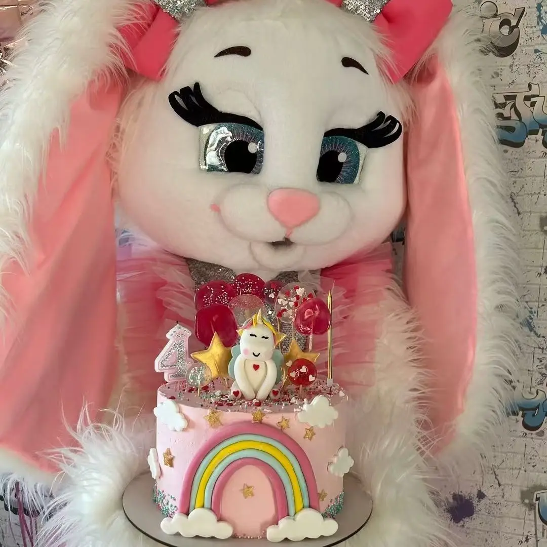 ชุดมาสคอตกระต่ายน้อยน่ารักสำหรับคริสต์มาส ชุดแฟนซีการ์ตูนกระต่ายขาว ชุดมาสคอตกระต่ายขนปุย ชุดแฟนซีสีชมพู