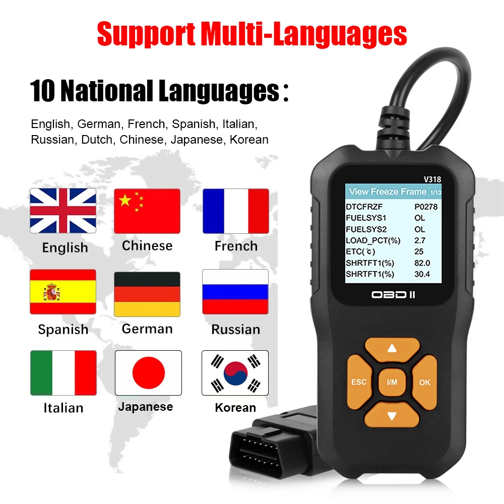 Multi-language OBD2 Scanner Battery Tester Check Engine System Code Reader V318 Car Diagnostic Tool Clear/Erase Codes