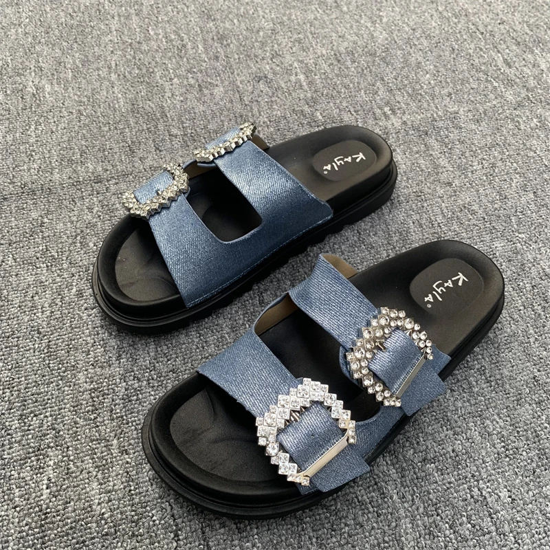 

Fashion Diamond Square Button Women Drag Double Belt Flat Non Slip Casual Daily Wear Cool Slippers for Women Босоножки Женские