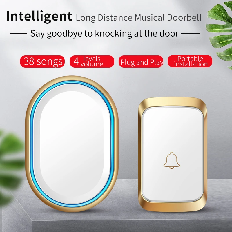 

CACAZI Intelligent Wireless Doorbell Smart Home LED Flashing Light 300 Meters Remote Control 38 Ringtones Outdoor Door Chime Kit